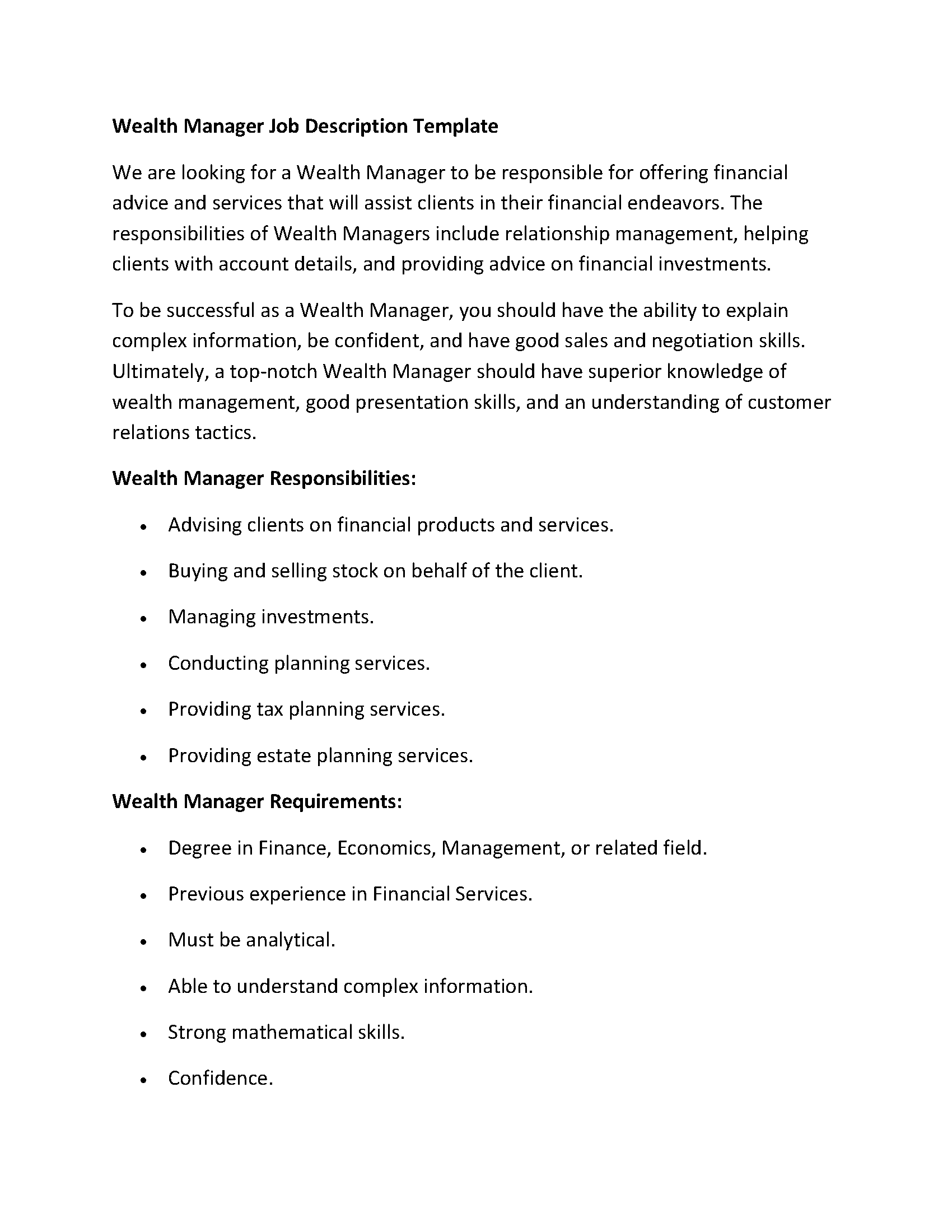 Wealth Manager Job Description Template